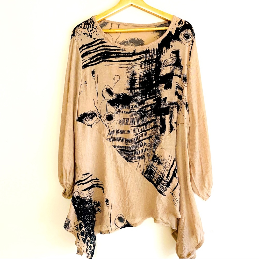Vintage Abstract Flowy Boho Tunic Blouse Top Black